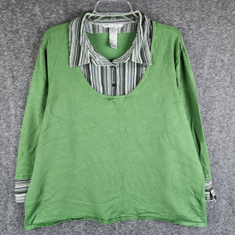 Fred David Sweater Womens 26-28W Layered Look Green Striped Collared EUC